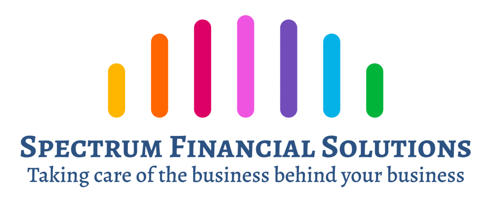 The vertical logo for Spectrum Financial Solutions — offering bookkeeping services in the Fox Valley and DeKalb County area — which consists of the company icon (a series of seven vertical, rounded bars in a rainbow spectrum of colors, arranged in an upward-curving arc to resemble a stylized bar chart) on top of the company name — Spectrum Financial Solutions — in bold, blue, Alegreya text and the company slogan — Taking care of the business behind your business — at the bottom.